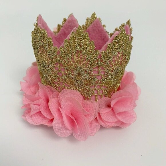 Baby First Birthday Hat Crown Gold Pink Roses w Elastic Small Photo Shoot Party - Picture 1 of 11